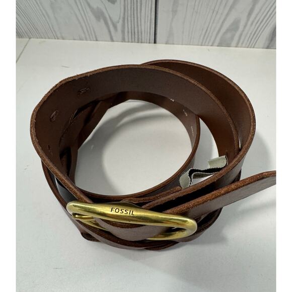 Fossil Leather Belt Twisted Center Braid Brass Brown/Cognac Oval Buckle Large - Picture 8 of 8